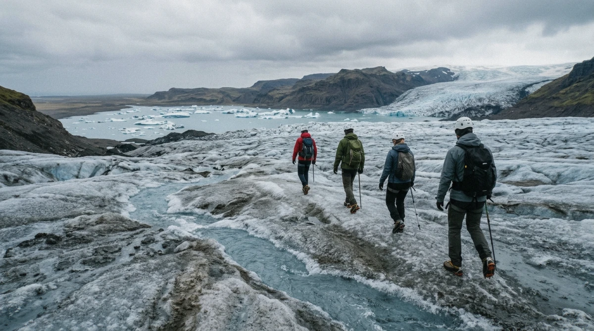 Hikers in crampons walking past a meltwater channel on a jokulsarlon glacier hike on Breidamerkurjokull, Iceland