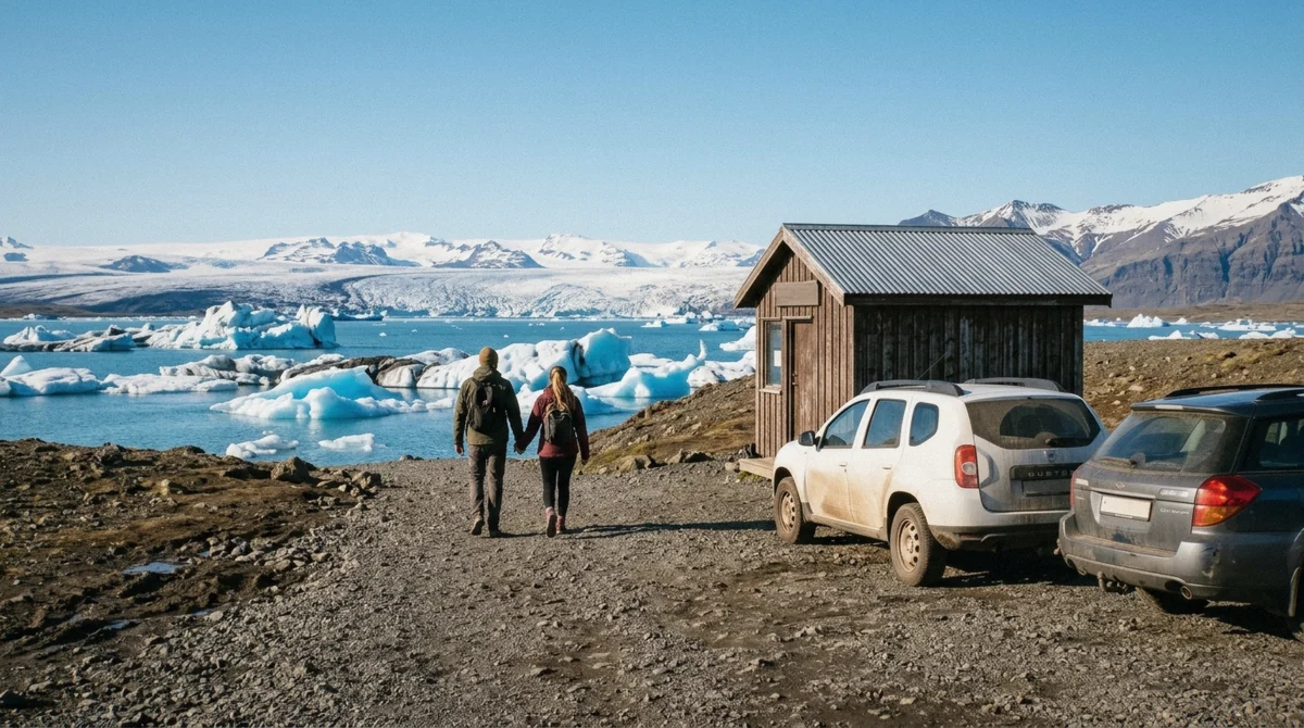 The ticket hut and car park beside Jokulsarlon glacier lagoon, where the jokulsarlon glacier lagoon cost is paid