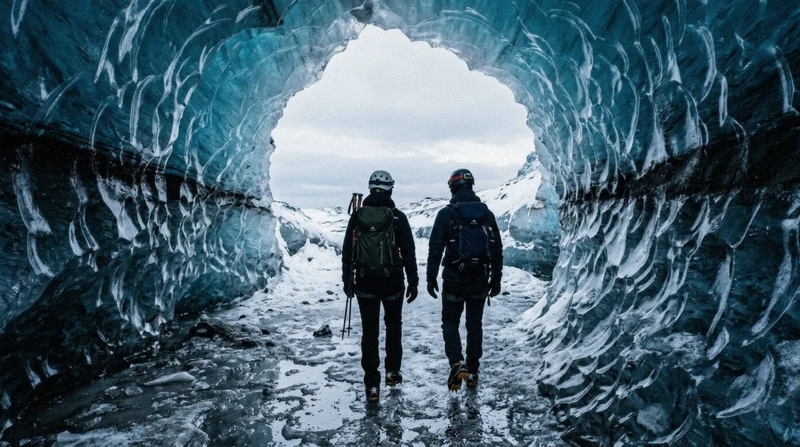 Guide leading a small group into a blue ice cave on an ice cave tour at Jökulsárlón glacier lagoon, Iceland